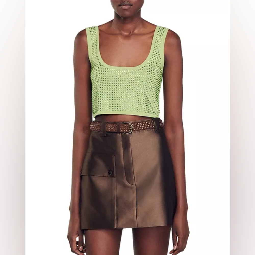 Sandro Paris green crop top rhinestone embellished large 8